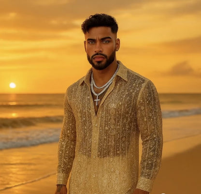 Men’s Luxury Champagne Gold Lace Set – Beaded & Sequined Mesh Embroidered Shirt and Pants
