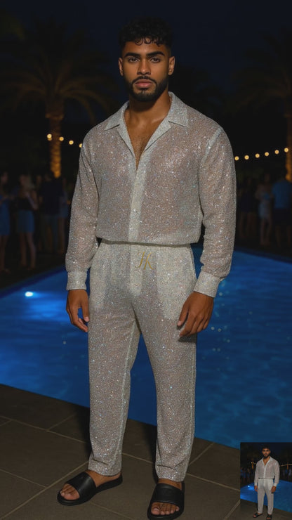 Men’s Luxury Embroidered Lace Set – Handmade Beaded Net Fabric with Sequins