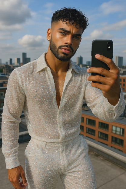 Men’s Luxury Embroidered Lace Set – Handmade Beaded Net Fabric with Sequins (High-End Couture Design)