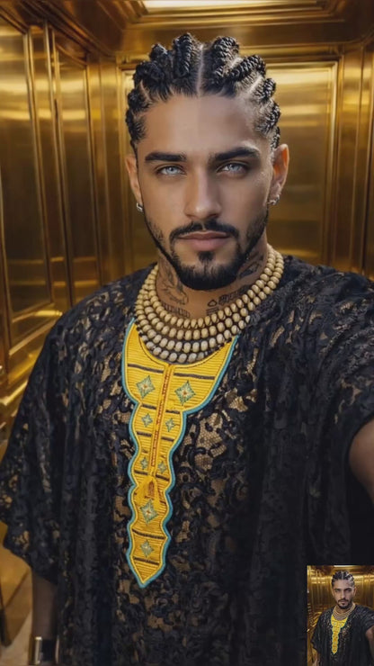 Yoruba Majesty: 2 Piece Men's African Dress Set in Regal Black