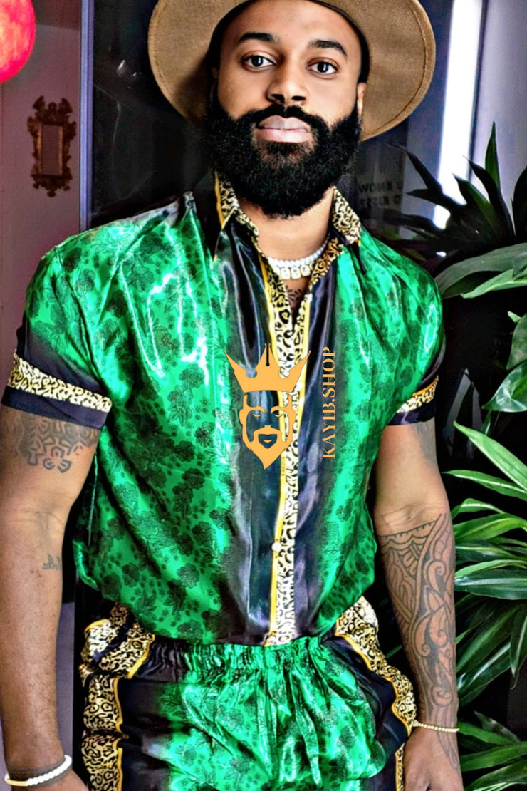 2 Piece Mens Silk/Satin Shirt Shorts/Short Pants Set