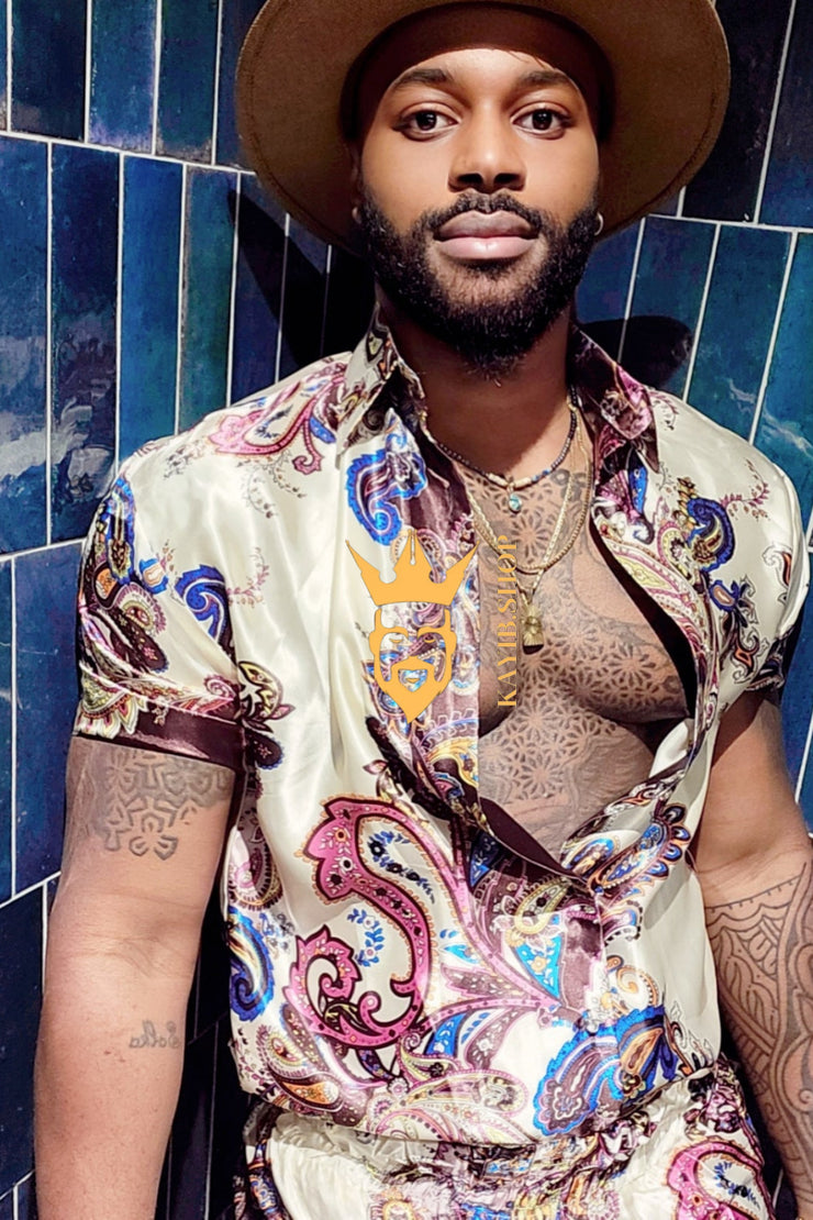 Mens Barocco Print Silk Camp Set