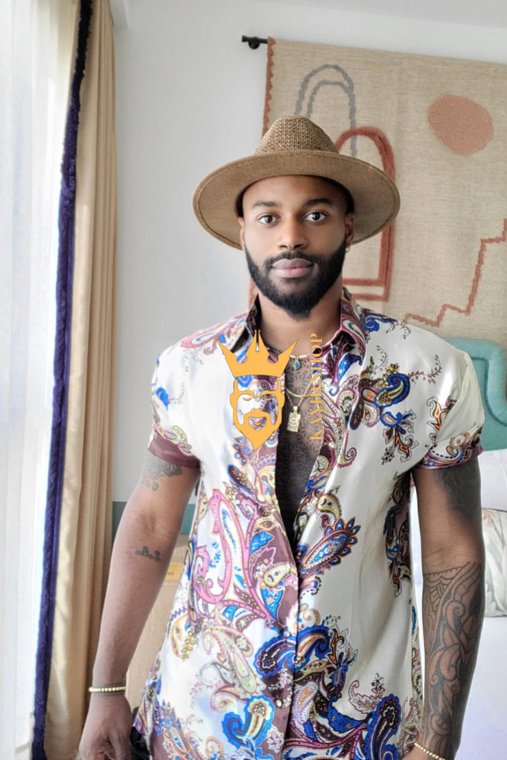 Mens Barocco Print Silk Camp Set