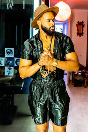 Black Mens Satin Silk Set 2Pcs
