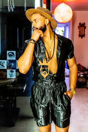 Black Mens Satin Silk Set 2Pcs