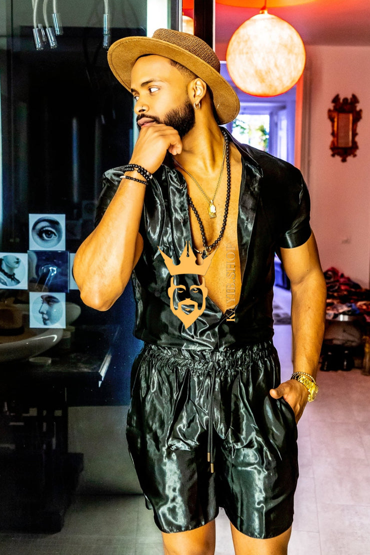 Black Mens Satin Silk Set 2Pcs