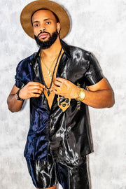 Black Mens Satin Silk Set 2Pcs