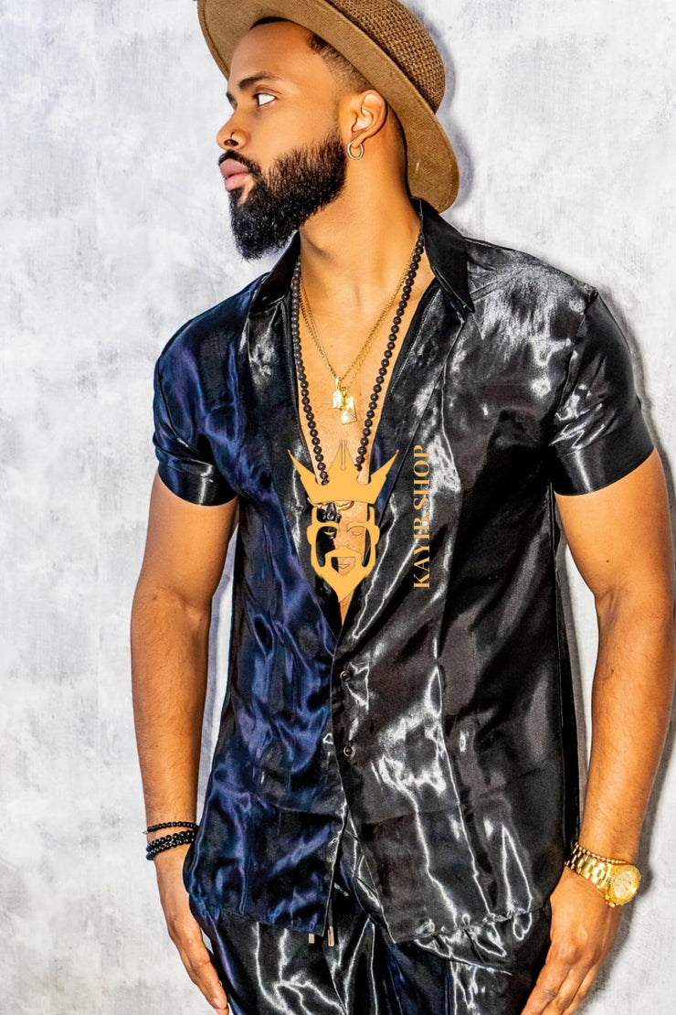 Black Mens Satin Silk Set 2Pcs