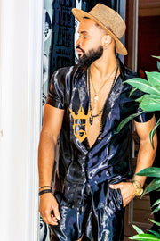 Black Mens Satin Silk Set 2Pcs