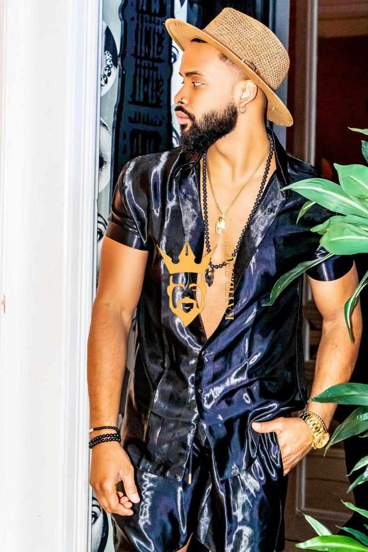 Black Mens Satin Silk Set 2Pcs