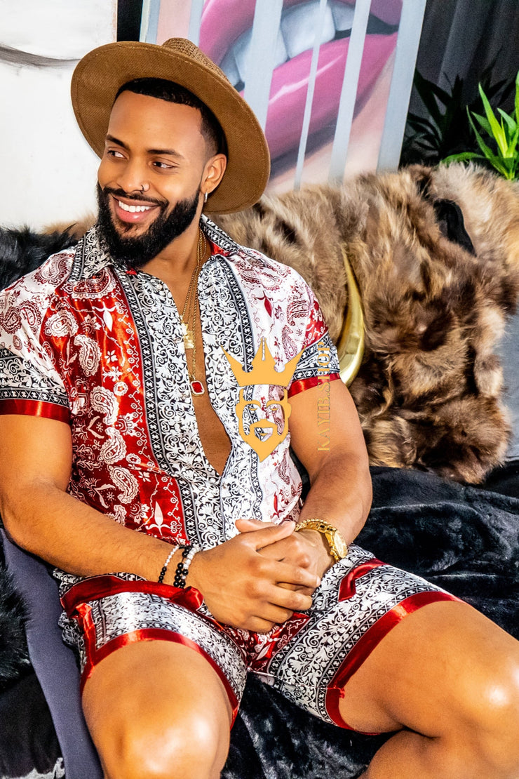 Red Mens Luxury Silk Dress Set Outfits