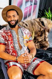 Red Mens Luxury Silk Dress Set Outfits