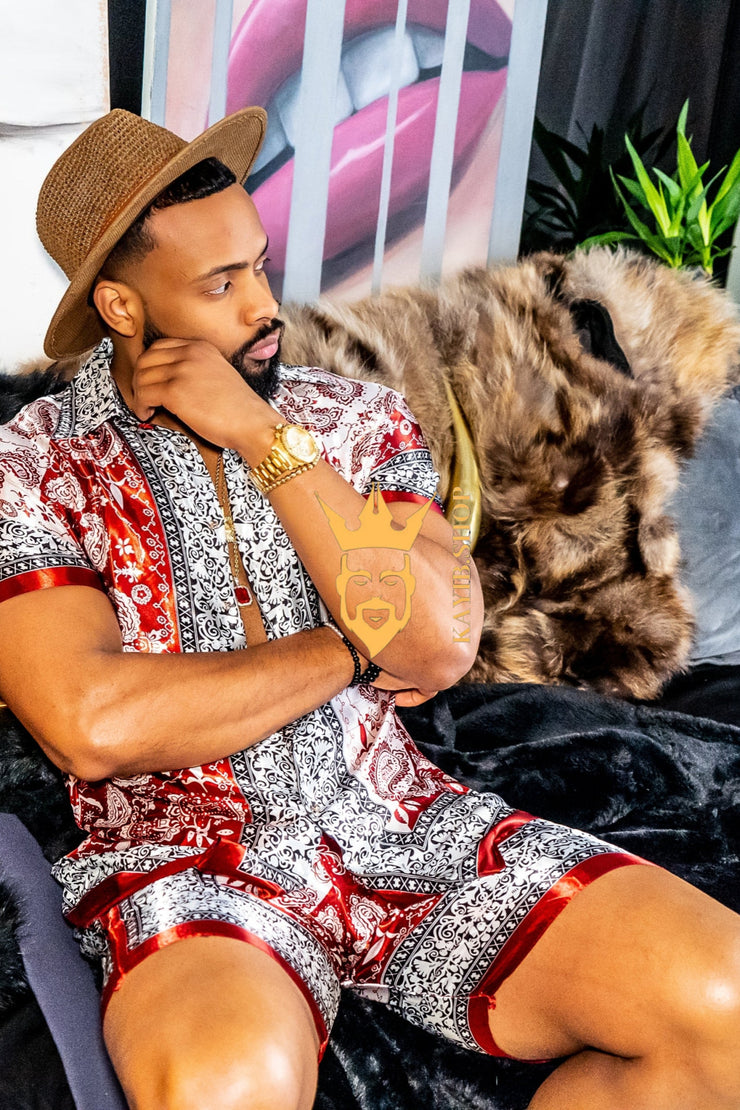 Red Mens Luxury Silk Dress Set Outfits