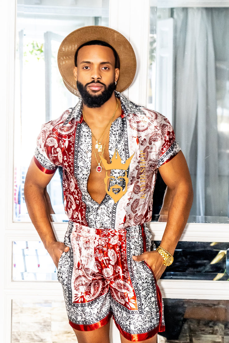 Red Mens Luxury Silk Dress Set Outfits