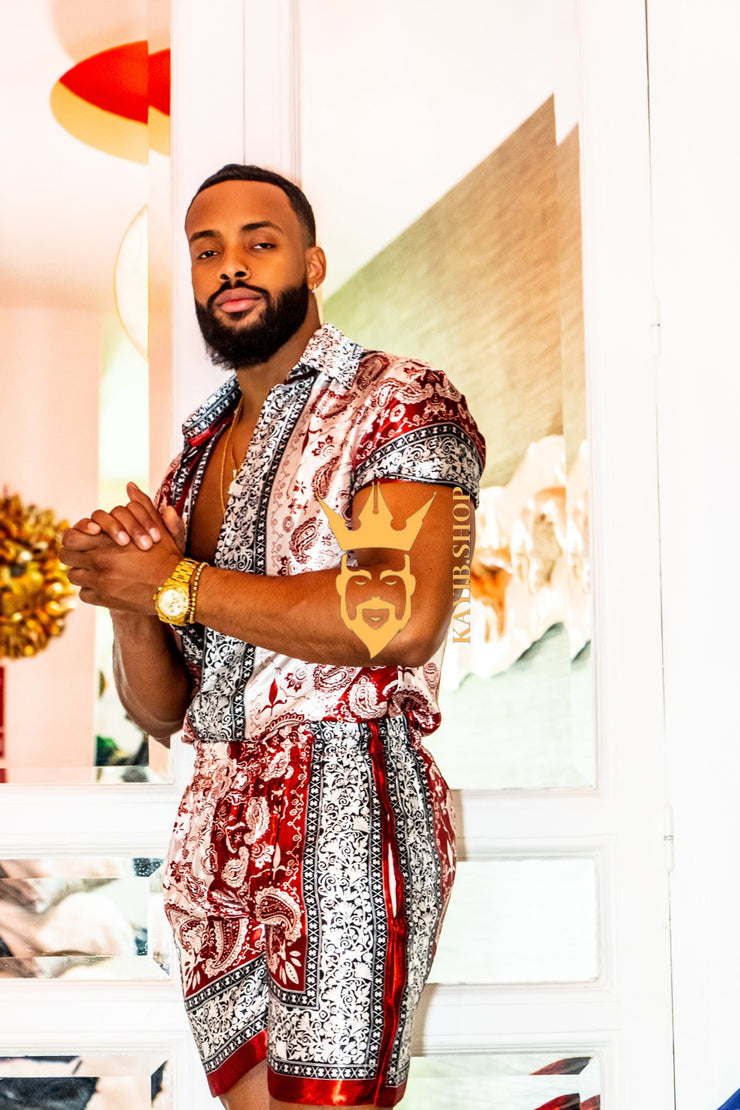 Red Mens Luxury Silk Dress Set Outfits