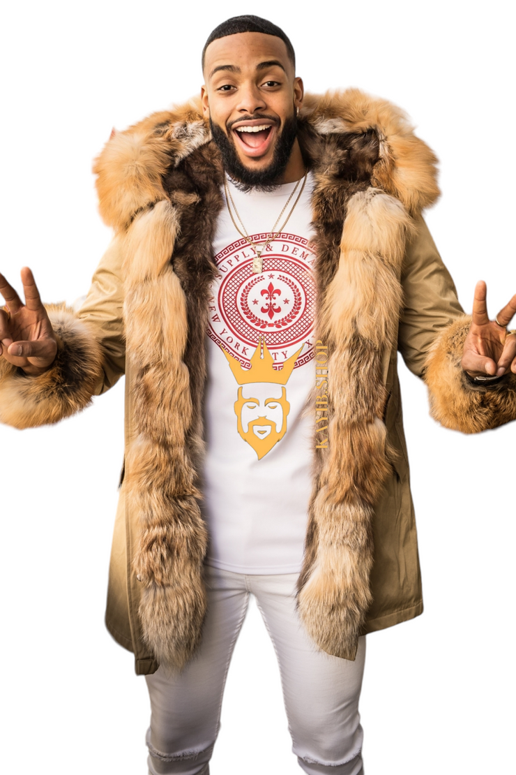 Best Collection Of Mens Fox Designer Coats Khaki Coat With Khaki Fur / M