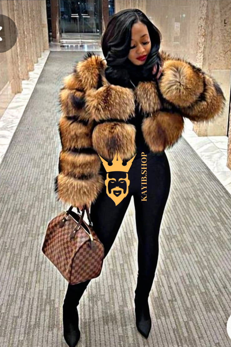 Raccoon Fur Short Coat - Stay Stylish and Warm with Oversized Sleeves -  100% Real Fur Luxury