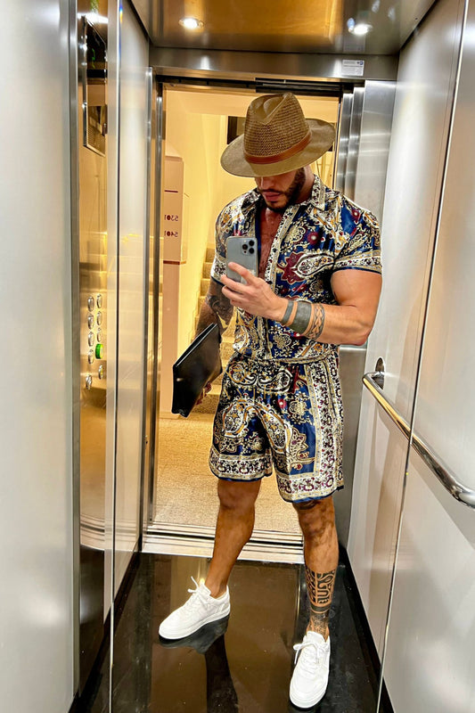 KAYIB Signature Barocco pure Mulberry silk shirt and shorts set for men